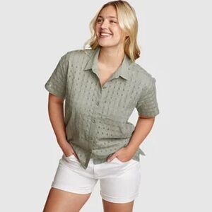 Eddie Bauer Women's Idyllic Lace Button-Down Tee Sage Green Small